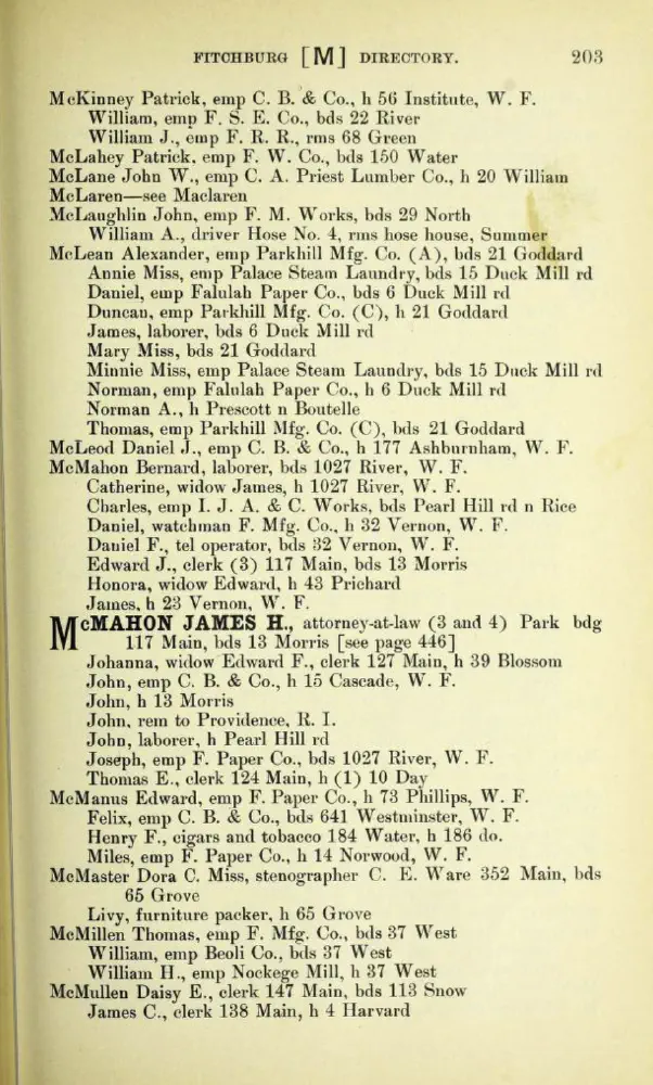 1898 Fitchburg directory, printed page 203, listing Henry F. McManus at 184 and 186 Water Street