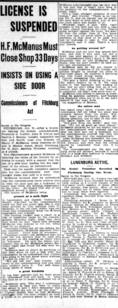License Is Suspended: H. F. McManus report in the Worcester Telegram, 13 October 1909